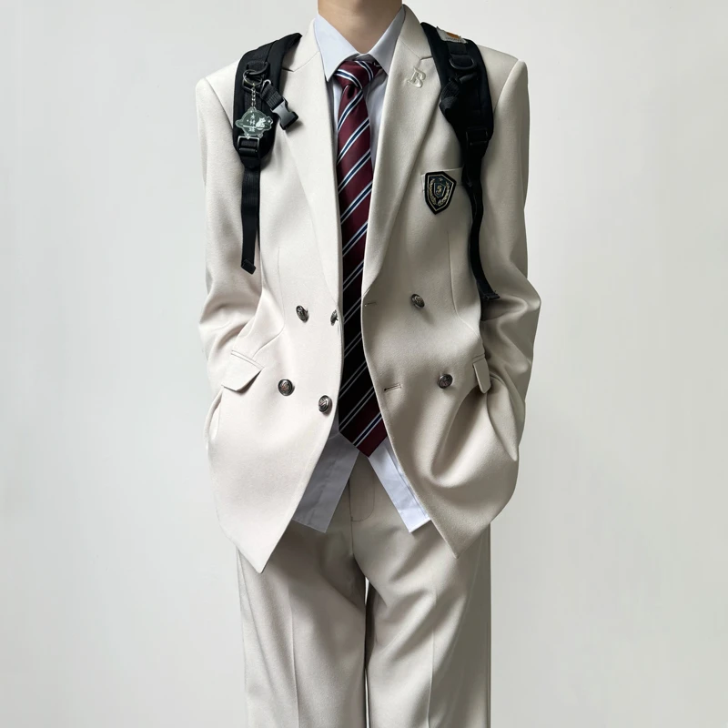 木村叔dk日系校供感米白色西装制服男春秋季青少年双排扣西服套装