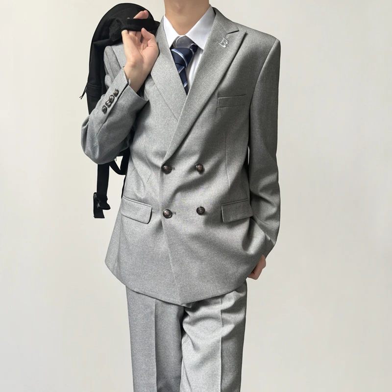 木村叔dk日系原创设计浅灰复古双排扣戗驳领西装制服男西服套装