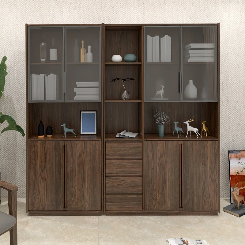 全实木书柜书架家用现代简约轻奢极简带门玻璃门储物柜胡桃木书橱