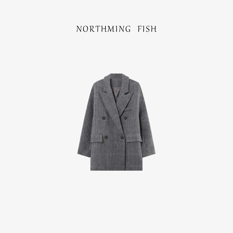 NORTHMING FISH「韩博时报」100绵羊毛 气质经典灰格纹西装呢大衣