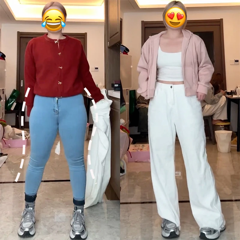 美式白色牛仔裤女秋季新款大码胖mm高腰宽松显瘦梨形身材阔腿裤子