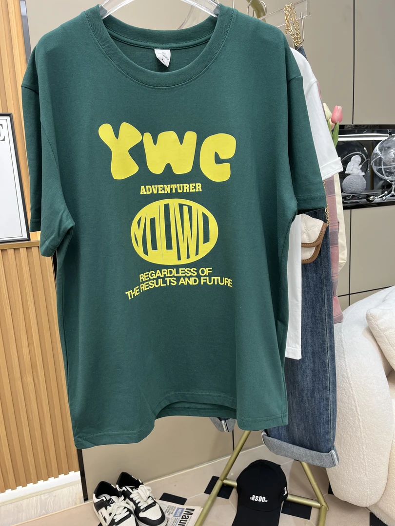 夏季墨绿色字母印花纯棉休闲宽松半袖ins情侣装上衣百搭