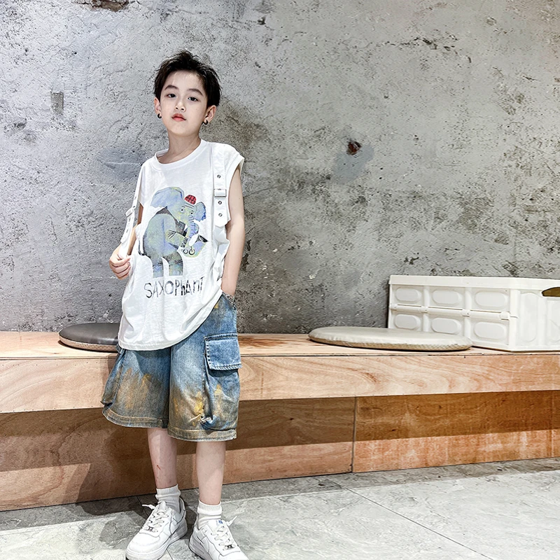 XZ潮牌男童无袖背心T恤2024夏装新款 中大童美式小众儿童装上衣帅