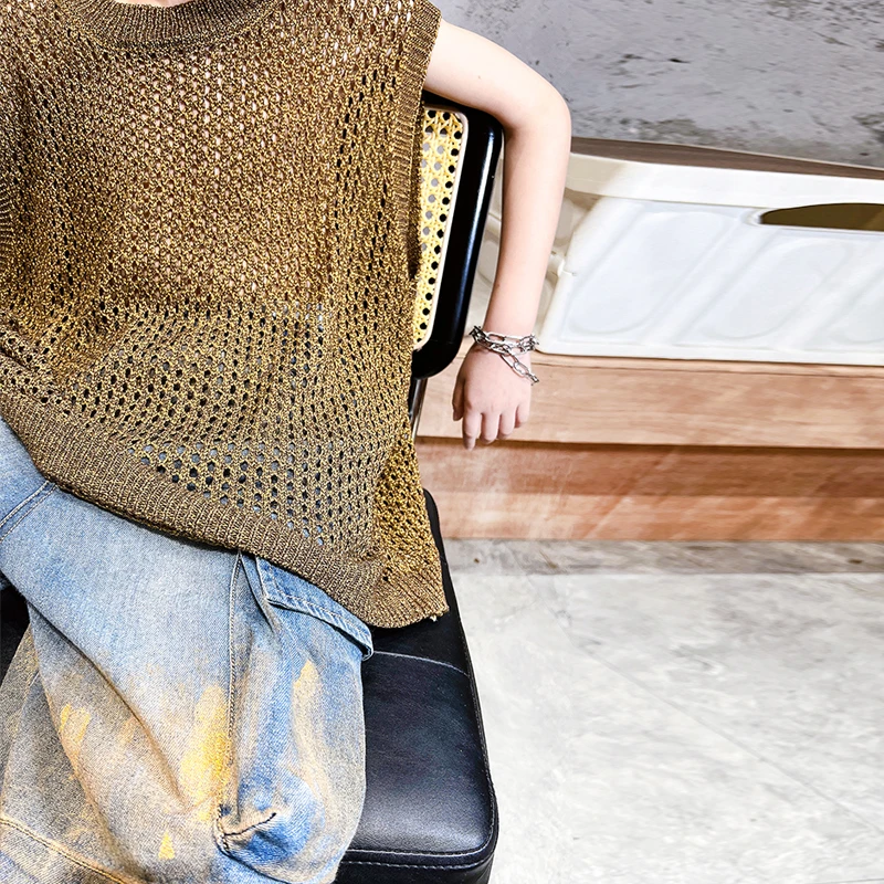 XZ潮牌男童美式复古针织马甲夏季叠穿慵懒宽松儿童装无袖背心上衣