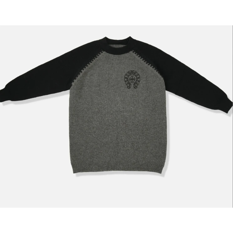 【拼接黑灰针织】2024新款时尚百搭圆领针织毛衣宽松