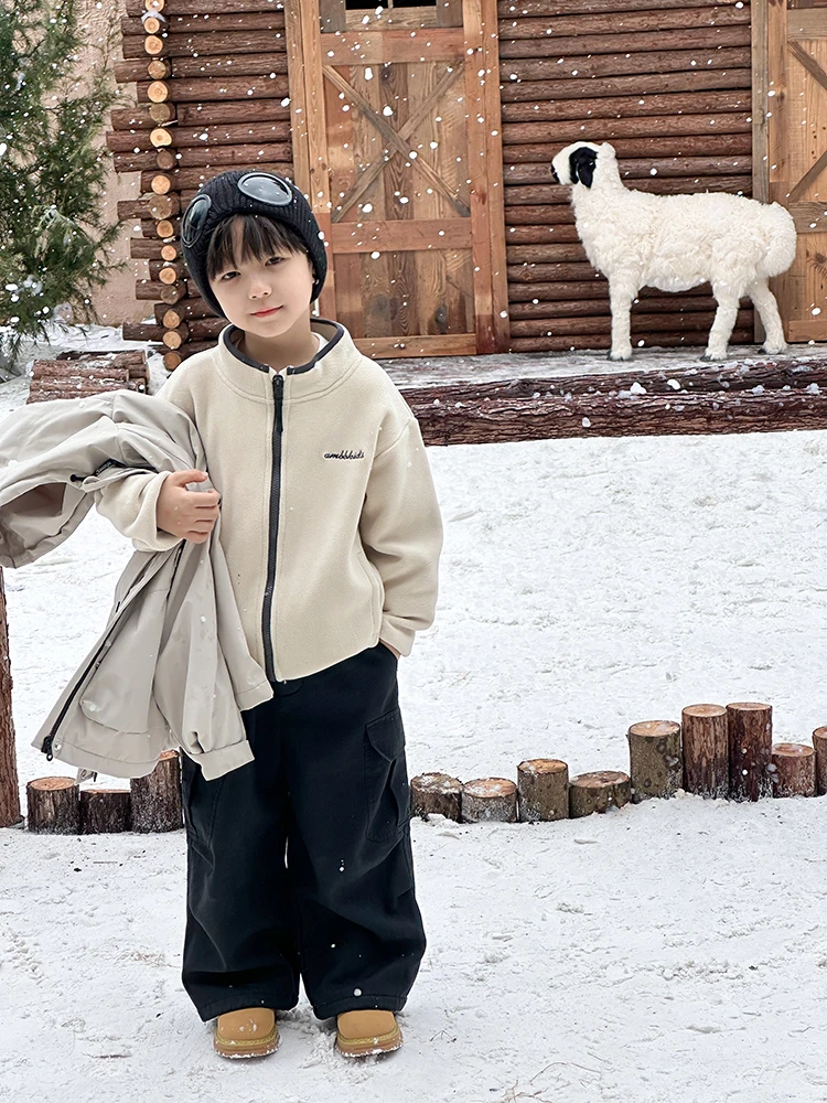 【现货】冬款男女童毛绒外套宽松加厚撞色上衣校服内搭潮24X159