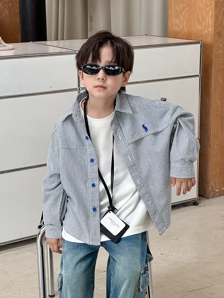 【现货】清仓 秋款男童竖条纹刺绣水洗全棉韩版衬衫长袖儿童24Y174