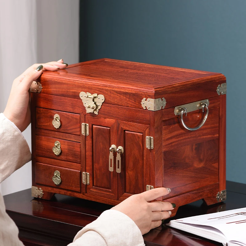 中式红木首饰盒小叶紫檀实木质梳妆盒百宝箱榫卯耳钉收纳结婚礼品