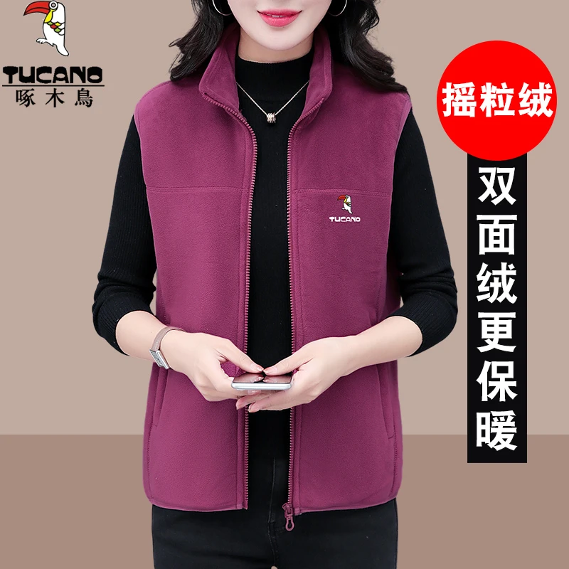啄木鸟摇粒绒马甲女2025秋冬加绒新款中老年妈妈外穿马夹坎肩外套