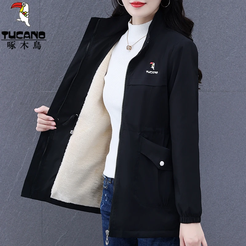 啄木鸟中长款加绒保暖休闲风衣女秋冬季大码中年妈妈百搭加厚外套