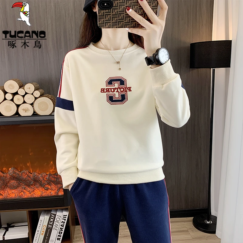 啄木鸟休闲运动服气质套装女春秋2025新款大码妈妈卫衣两件套春装