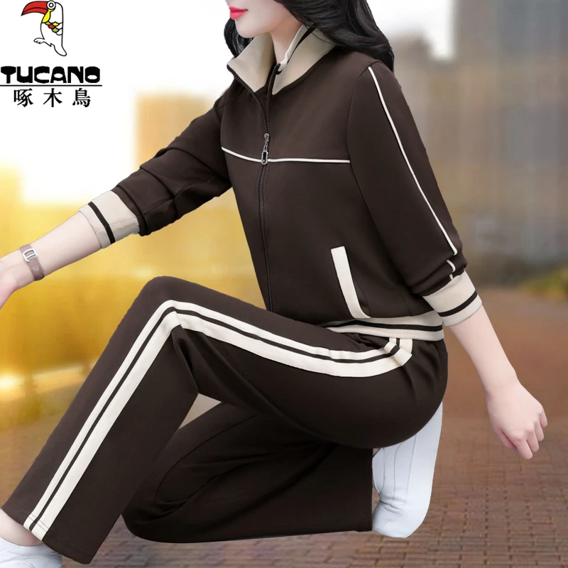 啄木鸟开衫卫衣运动服套装女2025春秋新款时尚中年妈妈女装三件套