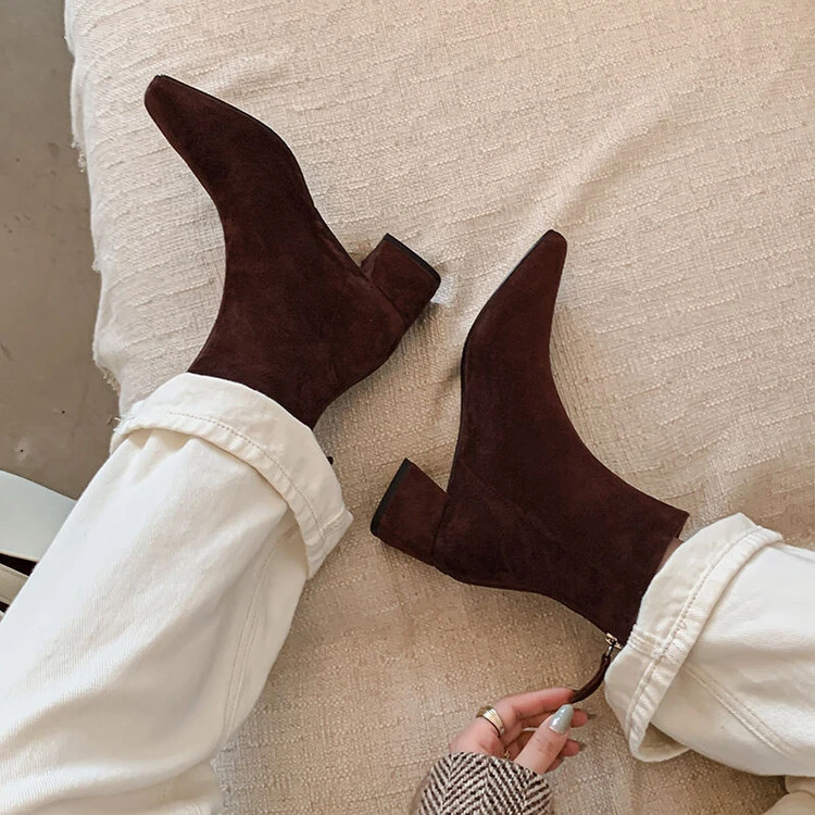 千娅~秋冬款英伦风百搭方头法式简约羊皮粗跟短靴舒适加绒瘦瘦靴