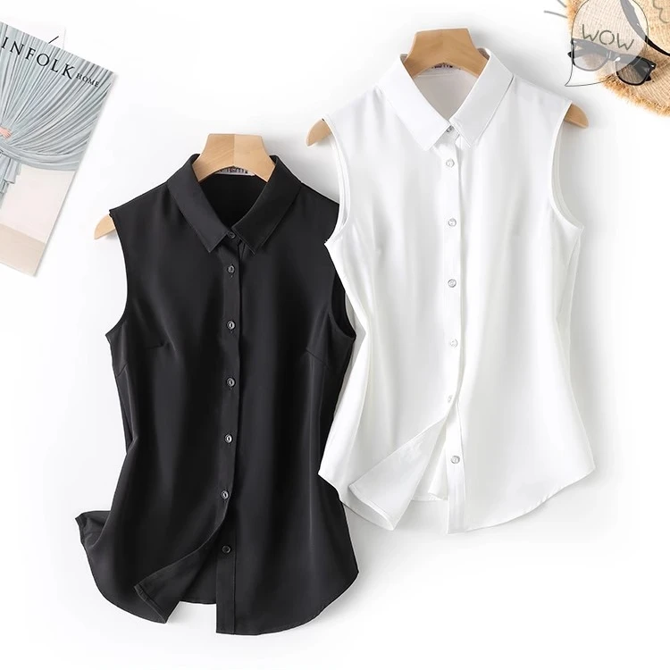 无袖衬衫女内搭春夏翻领衬衫黑白色打底修身雪纺衫无袖方领衬衫女