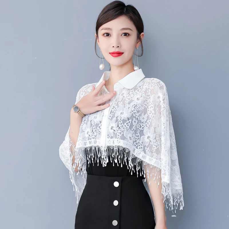 夏季配裙子流苏外搭开衫短款洋气衬衫领镂空斗篷披肩薄蕾丝小披肩