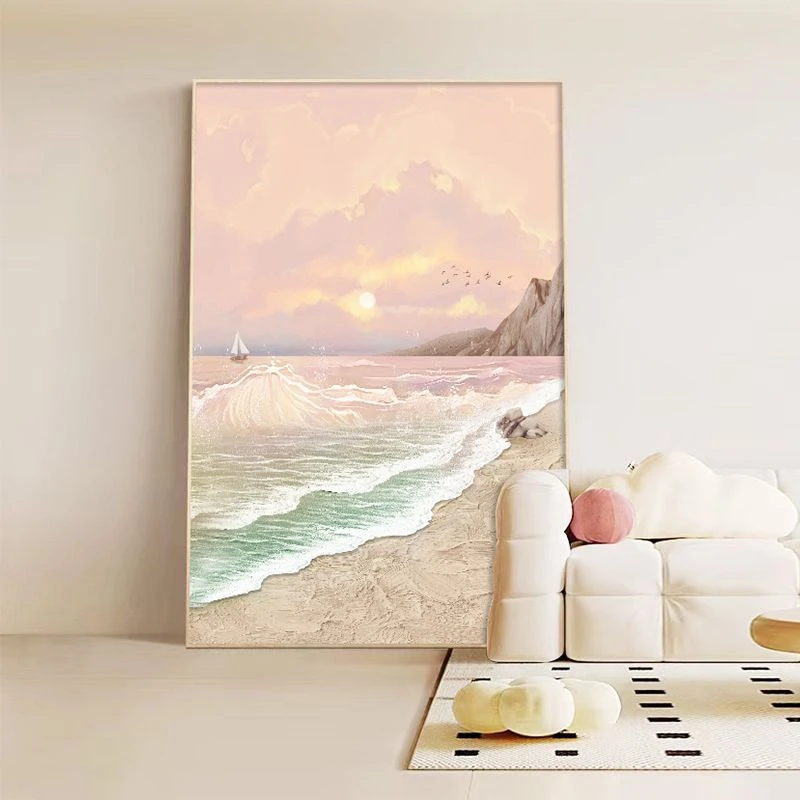 北欧奶油客厅装裱装饰画海景沙发背景墙壁防水落地画入户玄关挂画