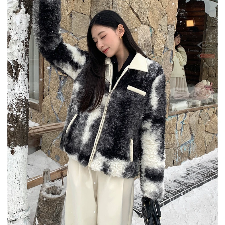 复古扎染花色毛毛外套女2024年韩系冬甜酷宽松加厚保暖女145AY990