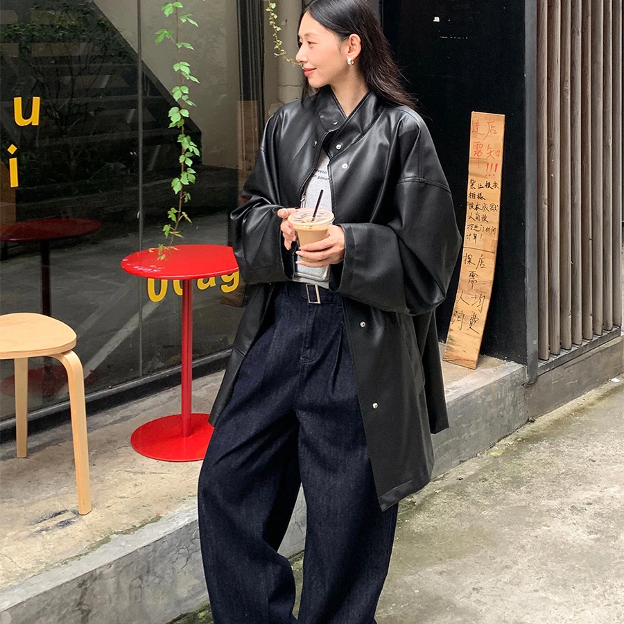 法式中性PU皮衣长款外套2024年冬季立领长裤酷机车女145AY833