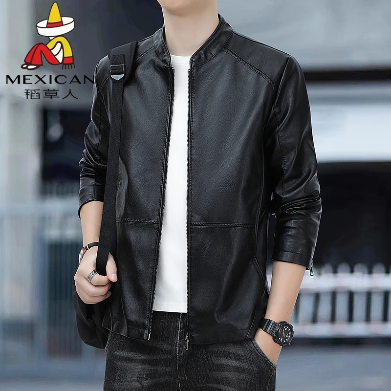 稻草人正品秋季海宁皮衣中青年立领韩版修身夹克潮流帅气男士外套