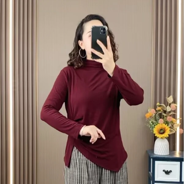 希木>2024秋季百搭修身显瘦时尚气质不规则款开叉长袖显瘦打底衫