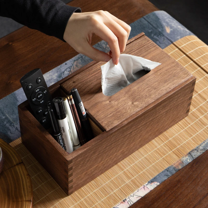 黑胡桃木多功能纸巾盒客厅茶几实木桌面笔筒遥控器收纳盒