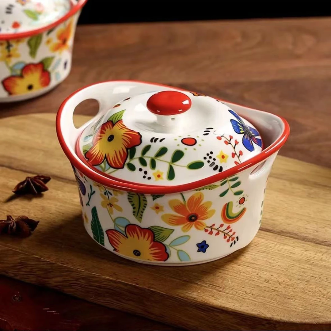 5英寸元宝炖盅带盖创意双耳燕窝燕麦银耳蒸蛋甜品碗釉下彩陶瓷