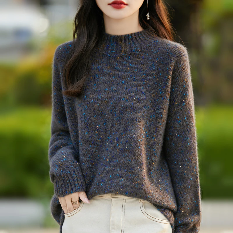 圆领100羊毛衫加厚花纱珠套头毛衣女宽松羊毛针织打底秋冬慵懒