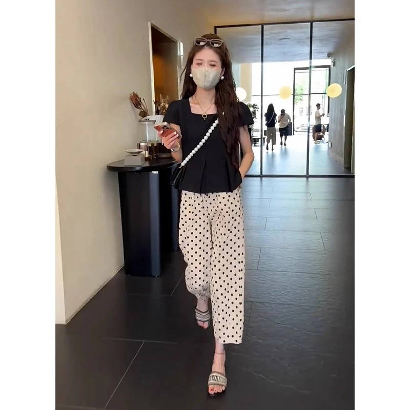 2025夏季新款大码法式气质方领短袖上衣显瘦遮肉减龄波点裤子套装