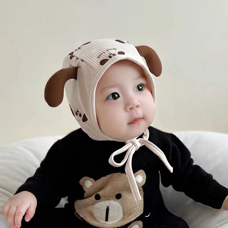 婴儿帽子春秋季韩版超萌幼儿男童小狗护耳帽秋冬小月龄宝宝包头帽