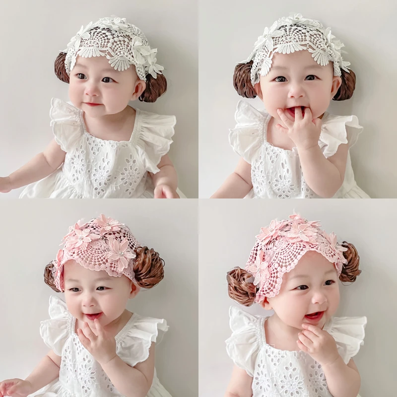 宝宝假发头饰蕾丝公主小女孩百天周岁婴幼儿发饰帽婴儿护囟门发带