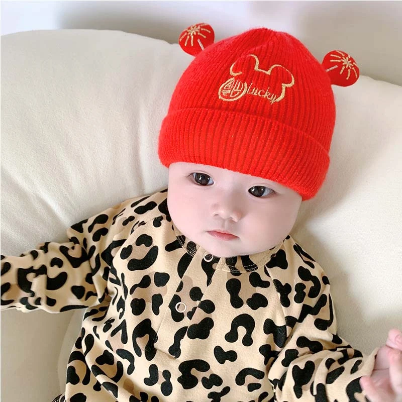 过年红色福气婴幼儿帽子男女童红色喜庆系列毛线双层0-4岁宝宝厚