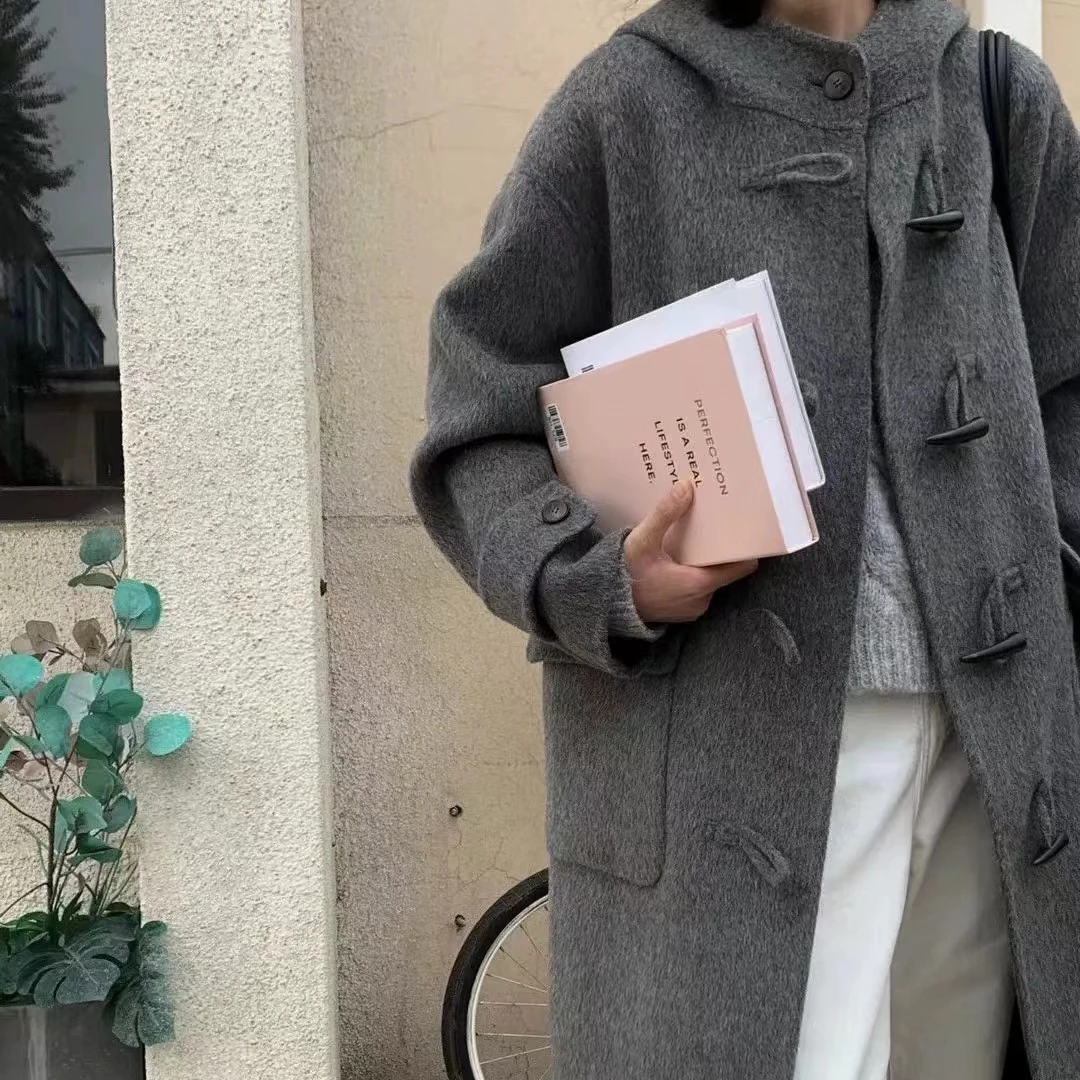 牛角扣双面羊毛长款大衣女学院风宽松连帽小个子长款毛呢中长款