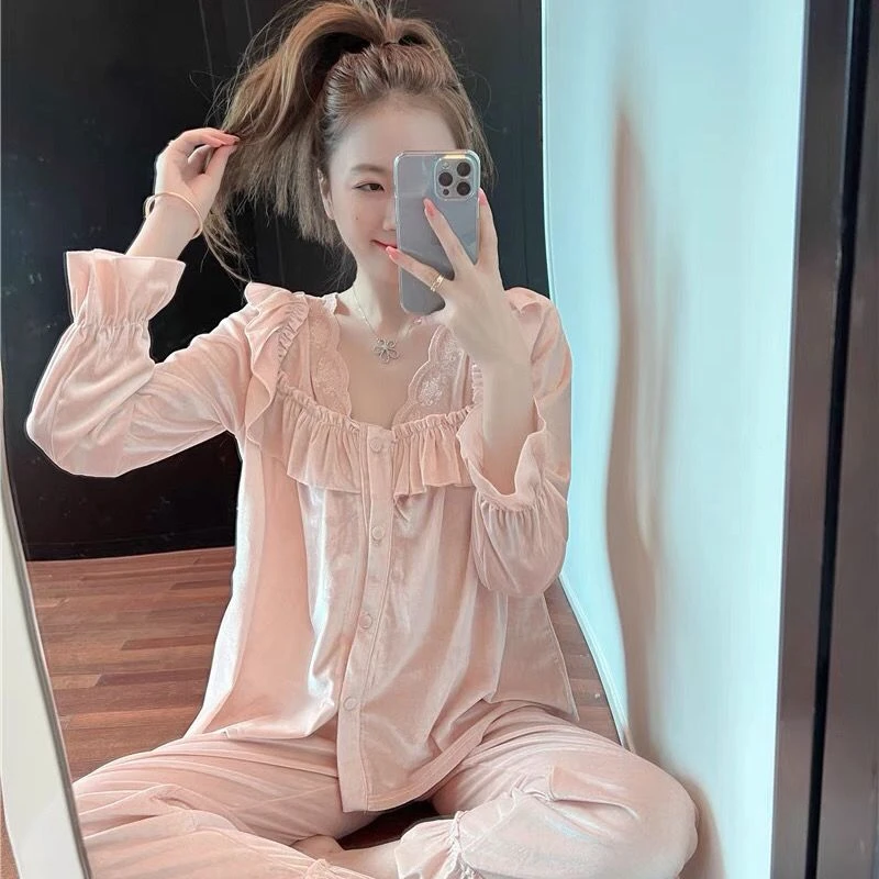 2024年新款秋冬季长袖时尚丝绒甜美休闲外穿家居服睡衣两件套装女