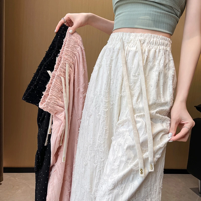 设计感磨破烫钻高腰休闲裤女2024夏季新款抽绳阔腿拖地裤长裤裤子