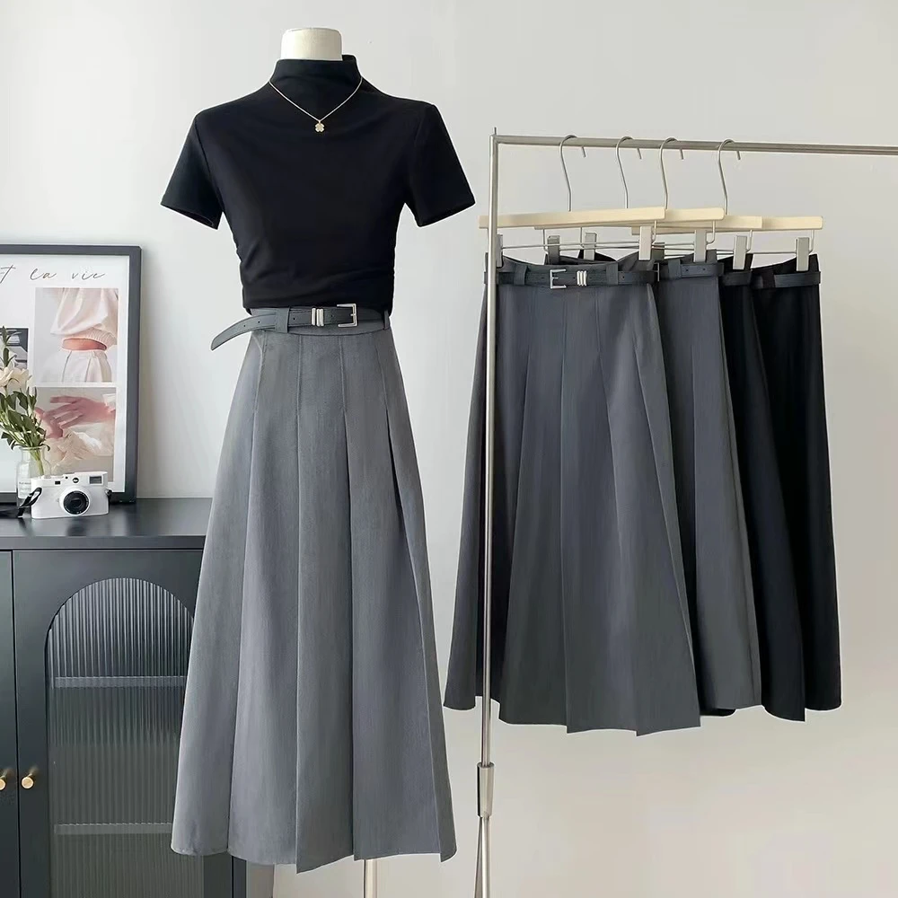 春季新款高腰百褶半身裙女2025显瘦百搭西装a字中长款半身裙230