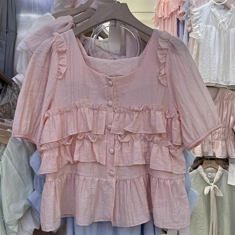 2025夏季新款法式小清新荷叶边单排扣衬衫百搭方领上衣女