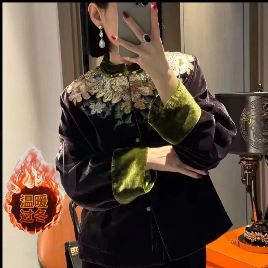 【加棉加厚】冬季加棉加厚新中式宽松上衣棉衣刺绣绣花丝绒往外套