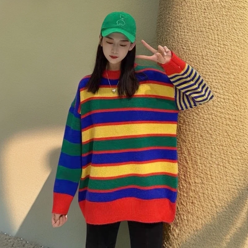 潮牌复古彩虹条纹毛衣宽松圆领针织衫