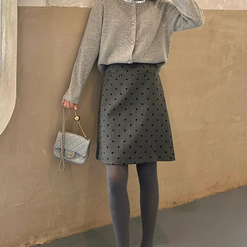 灰色波点半身裙女秋冬毛呢面料法式复古风中裙大码高腰a字裙显瘦