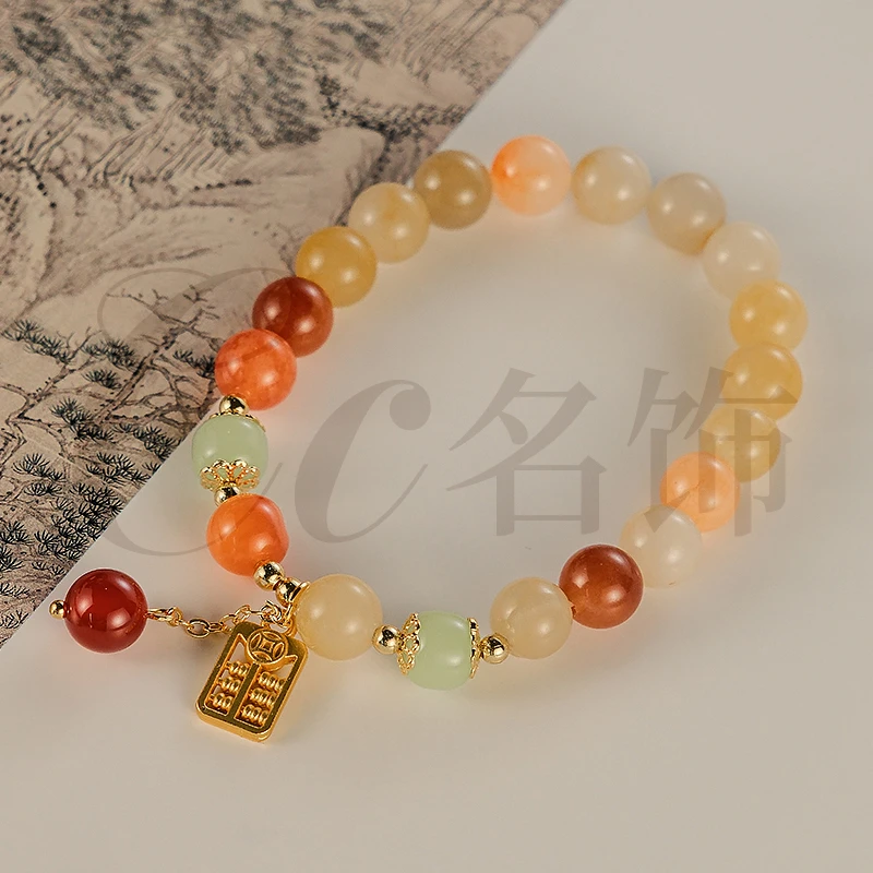 原创天然金丝玉女款手工古风单圈手链算盘吊坠 多样性发一-6237