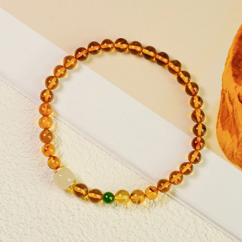 精美单圈金珀和田玉玉髓转珠百搭手链 多样性发一-6074