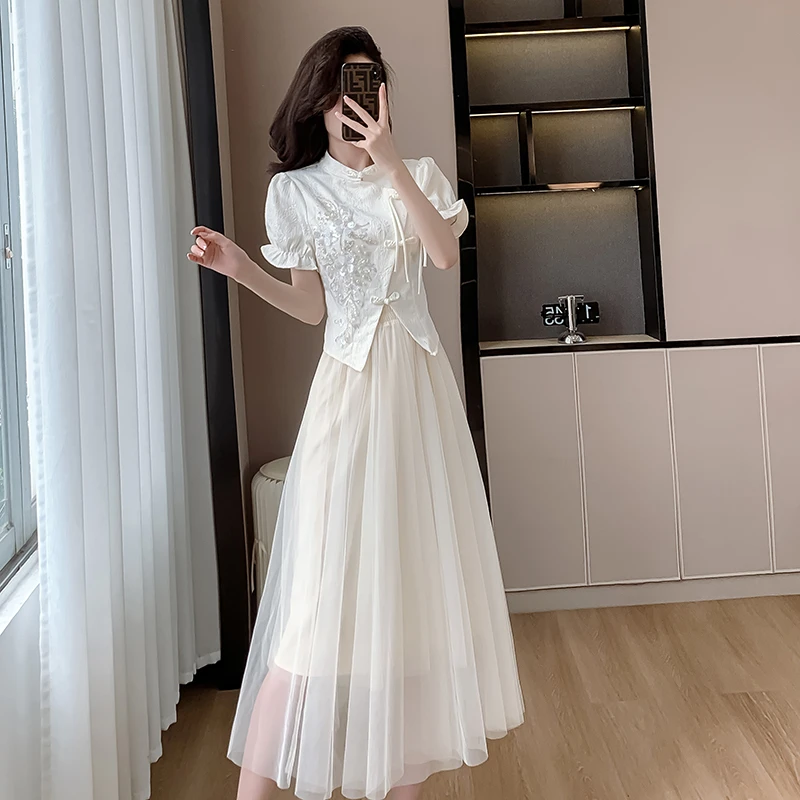 新中式钉珠上衣网纱半身裙套装2024夏新款气质名媛搭配一整套显瘦