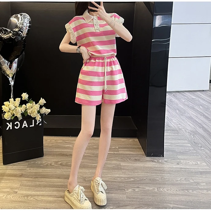 夏季新款时尚韩版女粉色条纹洋气泡泡袖Polo领短袖短裤两件套装