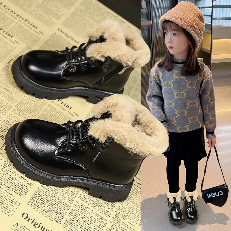 女童靴子2023秋冬季新款小中大童雪地靴棉鞋男童马丁靴加绒短靴冬