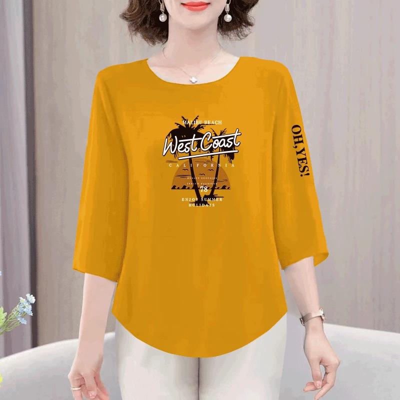 高档纯棉女士新款夏季七分秋季韩版宽松显瘦遮肉圆领上衣体恤衫