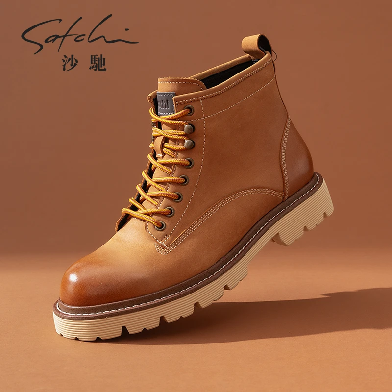 沙驰复古男鞋马丁靴男高帮2024秋冬新款皮大黄靴男士休闲工装短靴