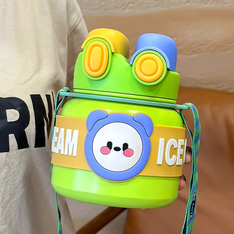 高颜值女生大容量保温杯可爱卡通双饮口小熊吸管杯学生上学水杯