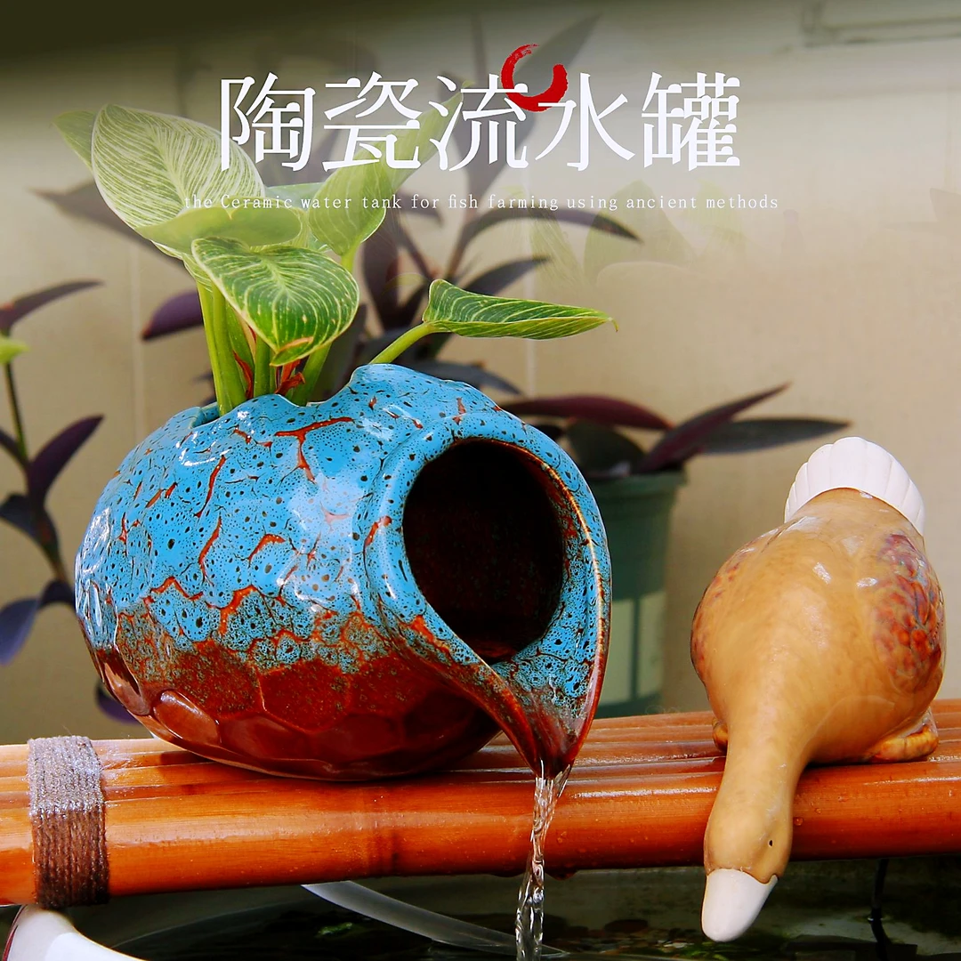 古法缸大号陶瓷罐流水实用摆件阳台庭院沼泽过滤竹排瓷鸭造景陶罐