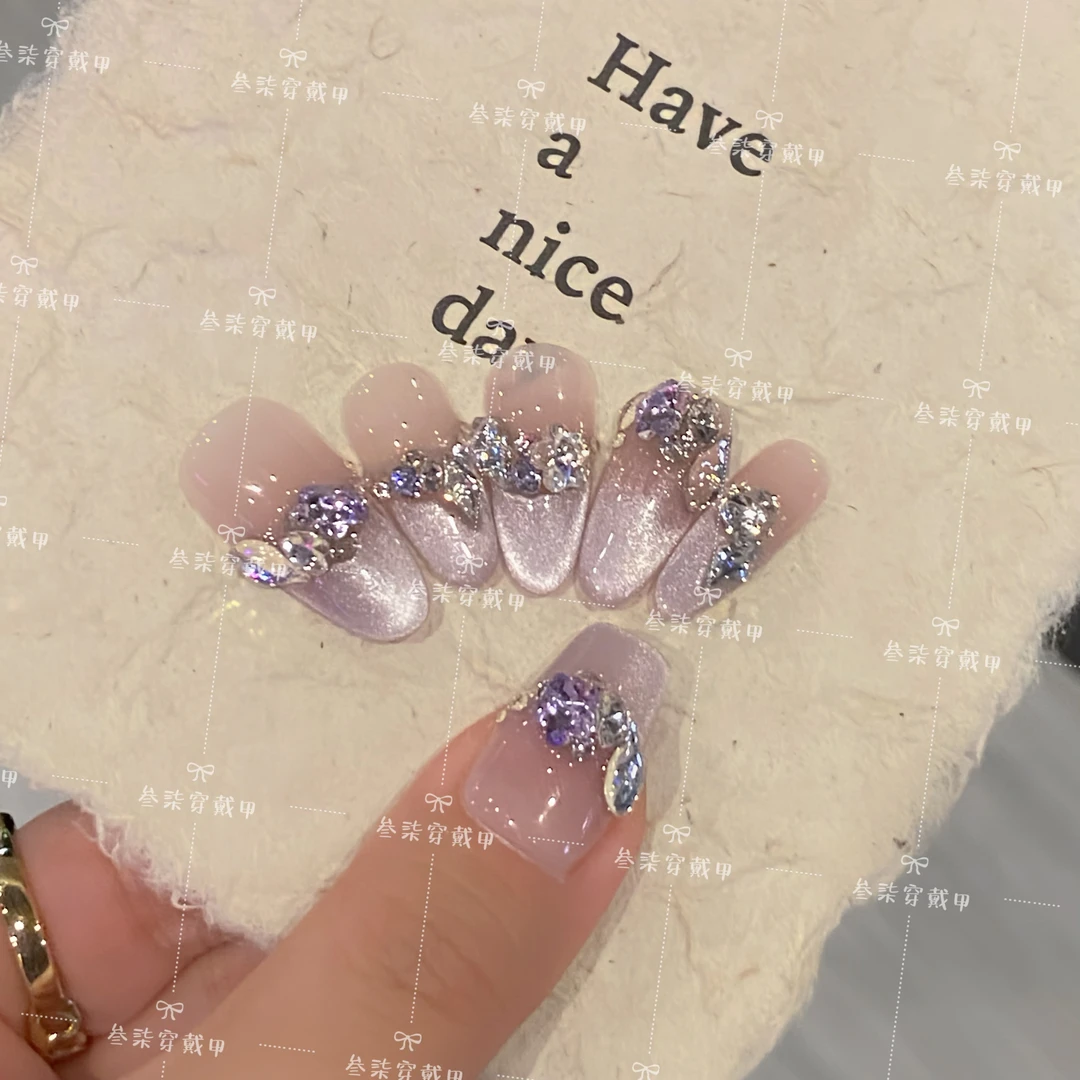【紫樱若梦】纯手工穿戴甲贴片 月光满钻猫眼款