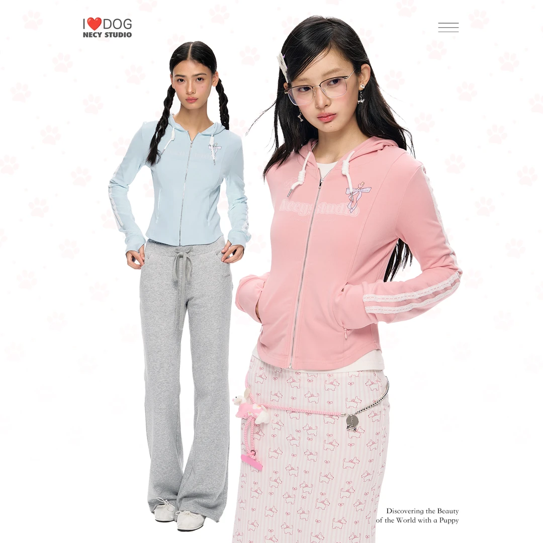 279NECY 双色运动开衫 修身显瘦上衣连帽卫衣拉链印花收腰外套